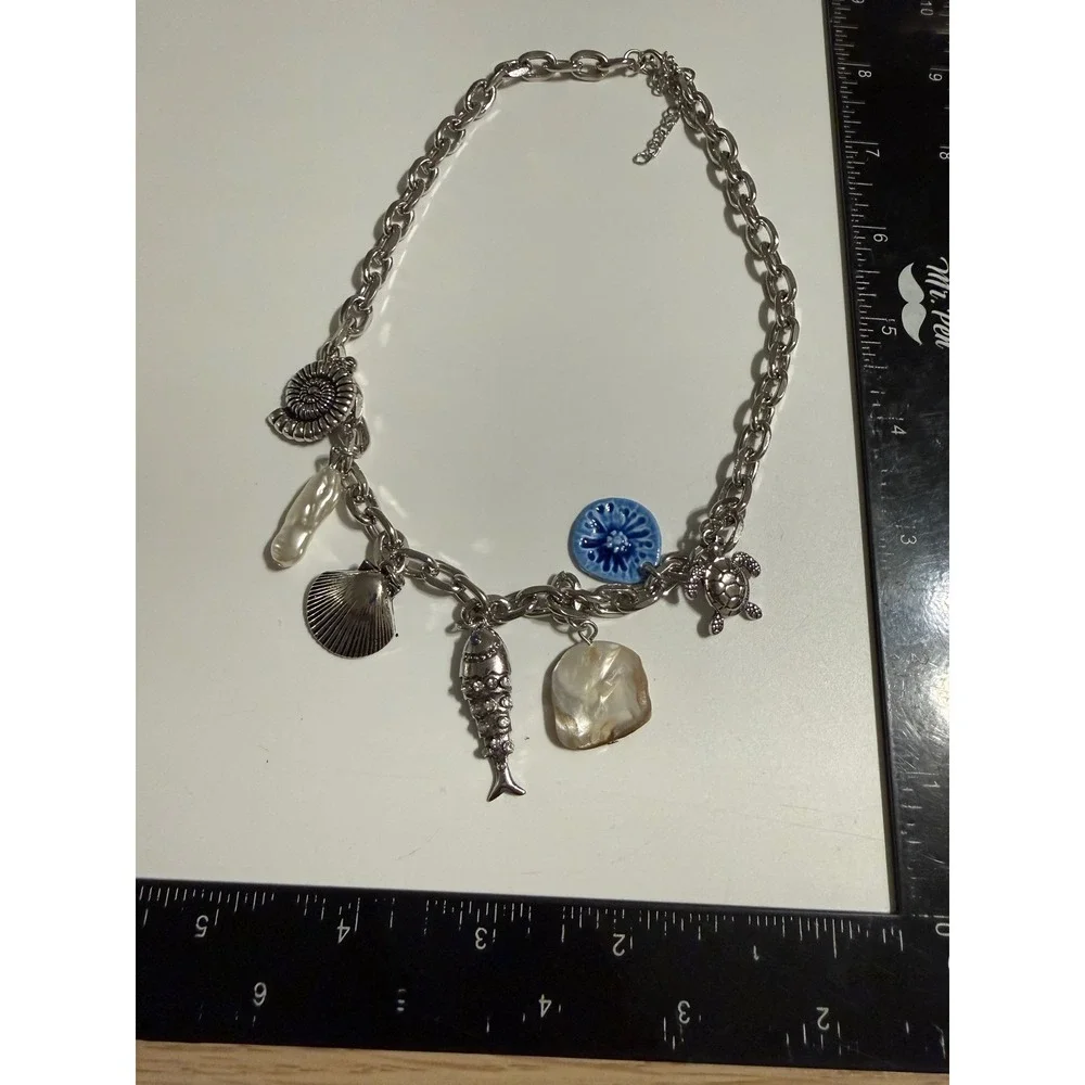Silver Tone Ocean Charm Chunky Chain Necklace Turtle Fish Shell Pearl 18-20